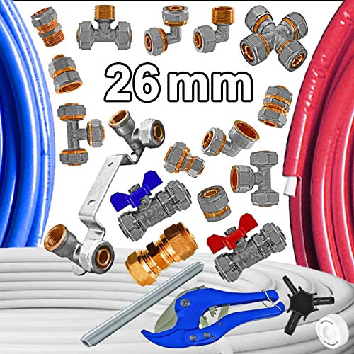 26mm alle 26er Schraubfittings | Komplettsystem | für Aluminium Mehrschichtverbundrohr ∅ 26 x 3,0mm >>> Rohr blau isoliert 10 Meter Rolle
