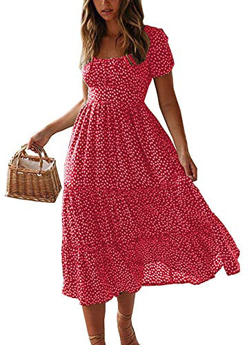 Colisha Womens Short Puff Sleeve Square Neck Floral Midi Dresses Flared Flowy Chiffon Maxi Dress Summer Beach Holiday Sundress XXL Red