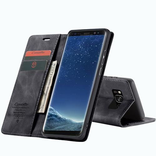 CaseMe Hülle für Samsung Galaxy S8 Vintage Dünne Handyhülle mit Kartenfach Geld Slot Ständer PU Ledertasche Flip Schutzhülle für Samsung Galaxy S8- Schwarz