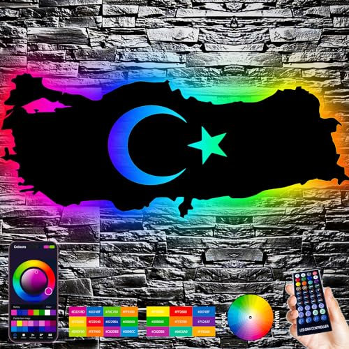 LEON FOLIEN Türkei Karte mit türkischem Wappen Emblem Türkiye Schlummerlicht Nachtlicht Deko RGB LED Stern und Halbmond Turkey Geschenk für Freunde zum Geburtstag, Party - Wandbeleuchtung
