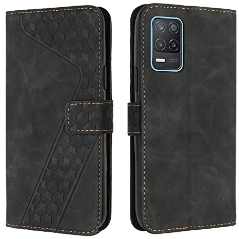 OKZone Kompatibel mit Realme 8 5G / Realme Narzo 30 5G Hülle, PU Leder Handyhülle Tasche Wallet Schutzhülle Flip Cover Klappbar Brieftasche Etui mit Magnet Kartenfach TPU Lederhülle (Schwarz)