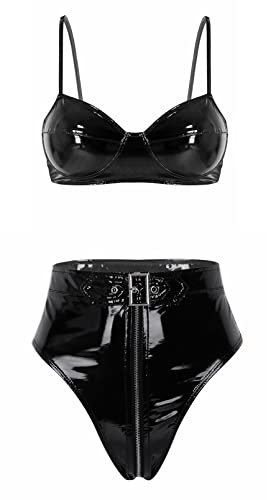 dPois Damen Wetlook Dessous Set Neckholder BH Top Weste mit Shorts/Rock Hotpants Minirock Eng Lack Leder Party Gogo Club Wear Schwarz B XXL