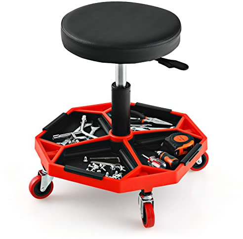 GYMAX Robuster Rollhocker, mobiler Montagehocker, höhenverstellbarer Werkstatthocker 41-55cm, Montagehocker mit Werkzeugablage & gepolstertem Sitzkissen, Werstattstuhl bis 150kg belastbar (Rot)