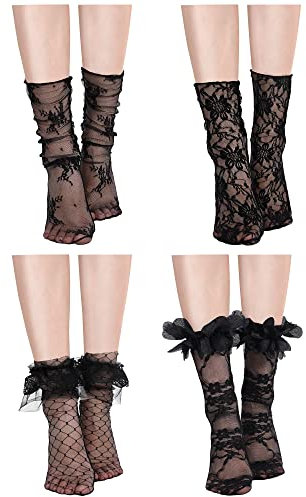 Geyoga 4 Pares de Calcetines de Encaje Sueltos Decorativos Calcetines Tobilleros Transparentes de Malla para Mujeres (Flor Negra)