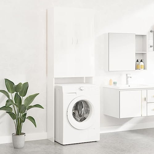 Mobile Lavatrice Asciugatrice Torre Armadio Alto, Armadio della Lavatrice con 2 Ante + 3 Scomparti Mobile Ausiliare per Wc, Lavatrice o Asciugatrice, Design Elegante, Bianco Lucido 64 x 25,5 x 190 cm