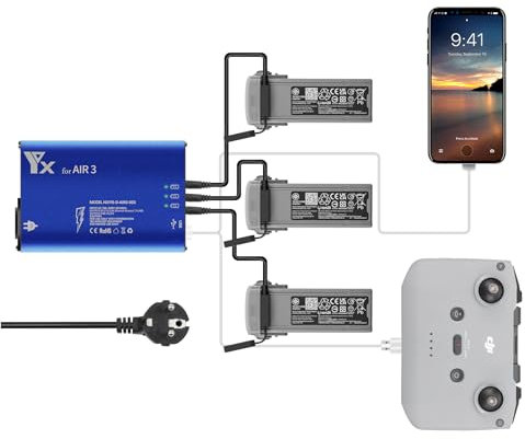 Yangers Multi-Akku-Ladegerät Ladestation für DJI Air 3 Drohne (Nicht für Mavic Air 2/Air), intelligente Parallel-Dockstation für 3 Flugbatterien 1 Fernbedienung 1 Smartphone…