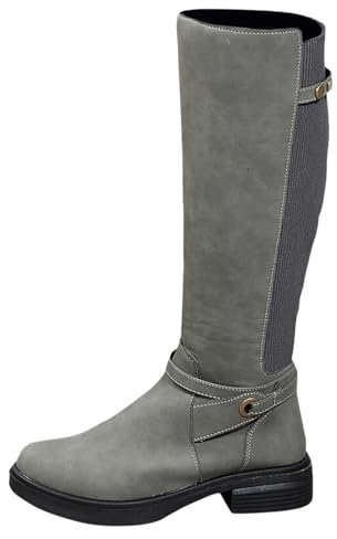 Berimaterry Stivali alti da donna Scarpe invernali in pelle calda stivali da equitazione bassi con tacco comodo fibbia casuale a gamba lunga grigio, 37 EU