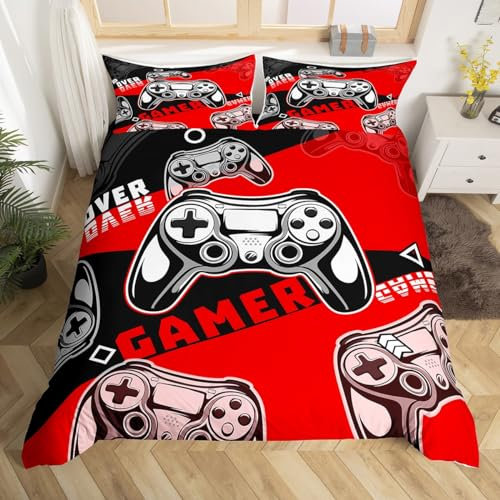 Gamer Comforter Cover for Boys Black and Red Gaming Single Bedding Set Kids Video Game Duvet Cover Teens Gamepad Quilt Cover All Season, 1 Bedspread Cover With 1 Pillowcase