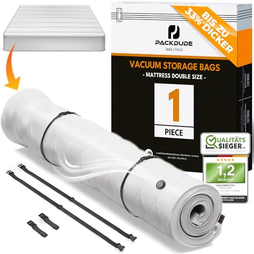 PACKDUDE® Vakuumbeutel für Matratzen bis 200x160cm (Beutelgröße: 250x200cm) I Matratzen Vakuumbeutel für Schaumstoff-, Gel- & Latexmatratzen I Mattress Vacuum Bag I Vakuumbeutel Matratze vakuumieren