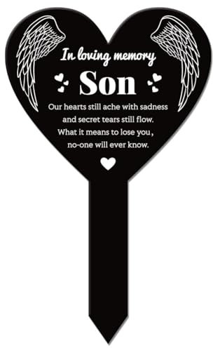 GLOBLELAND Heart Son Garden Memorial Remembrance Plaque for Cemetery - Acrylic Grave Stake Waterproof Sympathy Decor for Yard (Son)