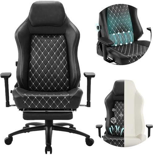WOLTU Gaming Stuhl, Bürostuhl ergonomisch, mit Langlebiger integrierter Schwamm, adaptiver Lendenwirbelstütze, Fußstütze Armlehnen, 200 kg belastbar, Vintage-Kunstleder Metallrahmen, Anthrazit
