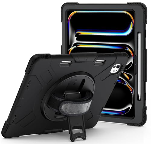 Yohryi Hülle für iPad Pro 13 Zoll (M4, 2024, 7. Generation), verbesserte robuste, robuste Hülle mit integriertem Displayschutz, um 360 Grad drehbarem Ständer, Griff und Schultergurt,Black
