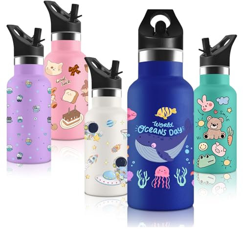 Vikaster Botella agua Acero Inoxidable con Tapa de Popote y asa, Botella Termica 350Ml, Sin BPA, Botella Agua Niños Reutilizable, para Adultos, Niños, Escuela, Ciclismo, Gym, Deportiva