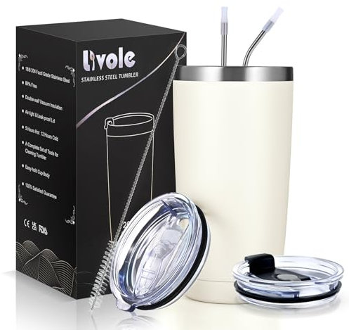 Livole 20oz Travel Mug for Cold Drinks, 600ml Insulated Vacuum Tumbler with Straw and Lid, Double Walled Coffee Cup Travel Mug, Stainless Steel Wine Tumbler for Ice Coffee, Cocktail, Off-White