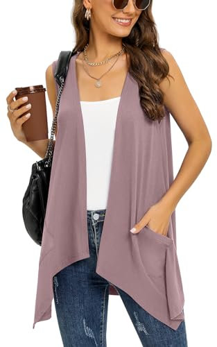 Wiwclo Mauve Sleeveless Cardigan Vest for Women Plus Size Lightweight Summer Jacket with Pockets Casual Work Knit Open Front Long Drape Duster,XXL