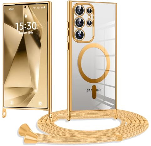 XCuihulle Coque Magnétique pour Samsung Galaxy S24 Ultra avec Cordon de Collier,Transparent Coque Silicone TPU Housse avec Réglable Collier Étui Bandouliere Laniere Lanyard Case-Or