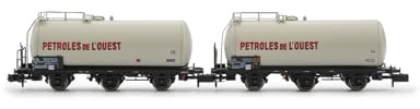 Arnold HN6677 SNCF, 2-teiliges Set 3-achsiger Kesselwagen, Petroles de l'Ouest, graue Lackierung, epIV Güterwagen, Grau