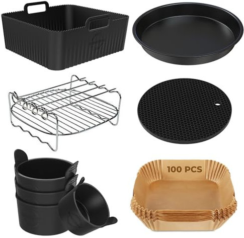 Premium 9 Stücke Air Fryer Zubehör für Cosori 5.5L / 6L, Philip XL 6,2L, Ninja AF180EU & andere 5,5-l-Plus Heißluftfritteuse | 2,5mm dick Silikonform | Premium Einsätze für Cosori 5.5L |