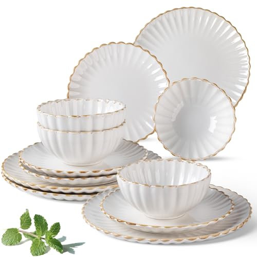 GBHOME Dinner Set for 6, 24 Piece Stoneware Set - Handcrafted Embossed Plates & Bowls, Reactive Glaze, Dishwasher and Microwave Safe Dinnerware