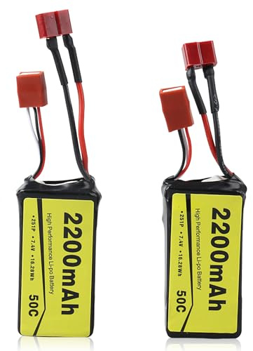 2Pcs 7.4V 2200mAh Rechargeable LiPo Battery, 50C High Discharge Rate RC Batteries with Deans T Plug Fit for RC Car Truggy, RC Airplane, FPV Drone, UAV Quadcopter and Helicopter