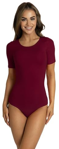 Alkato Body Damen Kurzarm aus Baumwolle – Bequemer Damen Body mit Rundhalsausschnitt und Druckknopfverschluss, Farbe: Weinrot, Größe: XL (Short 158-164 cm)