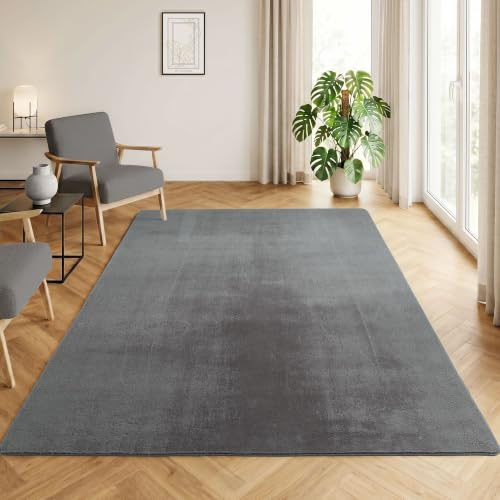 HomebyHome Teppich Grau 240x340 cm Waschbarer Kurzflor Teppich, rutschfest & weich, modernes einfarbiges Design für Wohnzimmer, Schlafzimmer, Küche & Kinderzimmer.