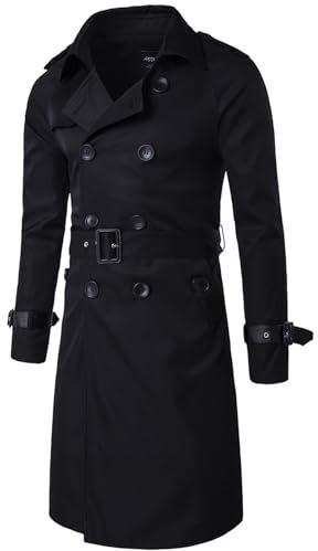 aromm Mens Trench Coat Slim Fit Double Breasted Long Windbreaker Jacket Black with Adjustable Belt, XL