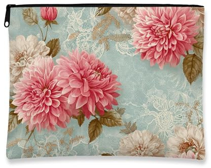Trousse de maquillage de voyage vintage à motif floral - Dahlias de pêche - Pochette à fermeture éclair pour femme - Organisateur de maquillage en toile pour cadeaux de festival d'été, pêche, 7x9 Inch