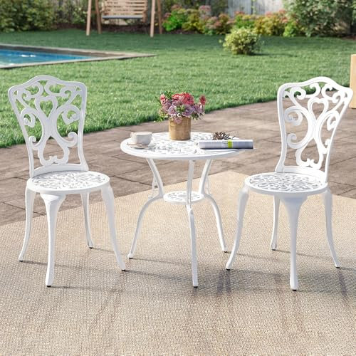 KOMFOTTEU Juego de Muebles de Jardín de 3 Piezas de Aluminio Fundido, Conjunto de 2 Sillas y Mesa con Orificio para Sombrilla, Juego de Bistró para Balcón, Patio, Terraza (Blanco)