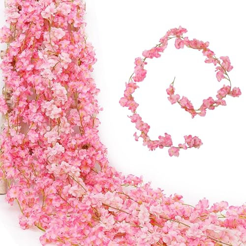 TRACOMPAN 3pcs Dark Pink Artificial Cherry Blossom Garland - 180cm Silk Sakura Flower Vines with Fake Leaves for Wedding Party Arch, Garden Wall Hanging Decor, Bedroom & Indoor Outdoor Decoration