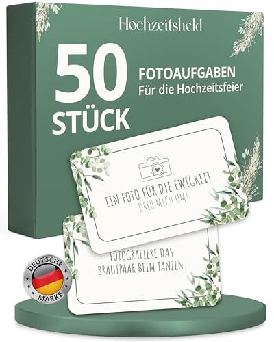 HOCHZEITSHELD Fotoaufgaben Hochzeit 50 Karten als Hochzeitsspiele für Gäste | Originelles Fotospiel für gute Stimmung & Erinnerungen: Fotokarten mit Aufgaben, ideal als Fotobox Accessoires & Tischdeko