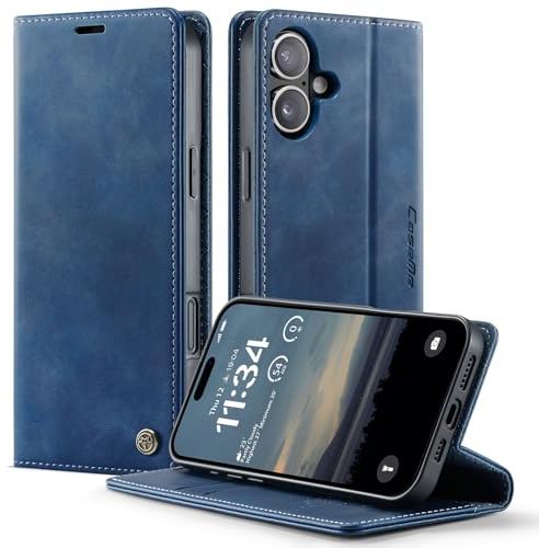 owlhold iPhone 16 hülle klapphülle Premium PU Leder, RFID Schutzhülle, Faltbare Ständer, Handytasche Lederhülle Kartenfach Standfunktion Handyhülle iPhone 16 - Blau