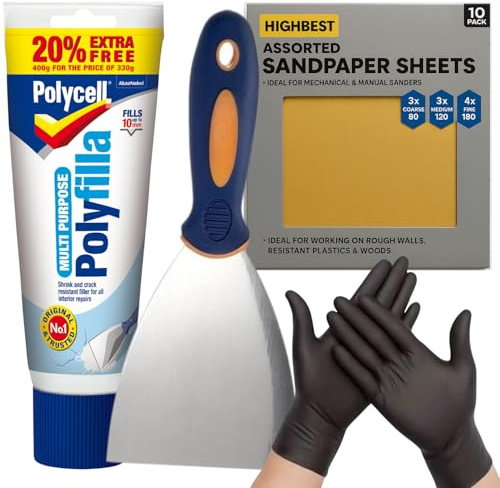 Polycell Polyfilla Ready Mixed Tube 396g All-Purpose Repair Paste for Interior & Exterior Plaster, Wood, Stone, Cracks and Holes with HIGHBEST 4 Metal Tool and 10 Mixed-Grit Sandpaper