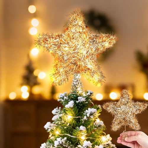 Christmas Tree Topper Star, Sparkly Tinsel Star for Christmas Tree Decoration 6 Inch, Gold Holiday Treetop Stars for Small Tabletop Tree Battery Operated Fairy Light Tinsel Topper for Xmas Tree