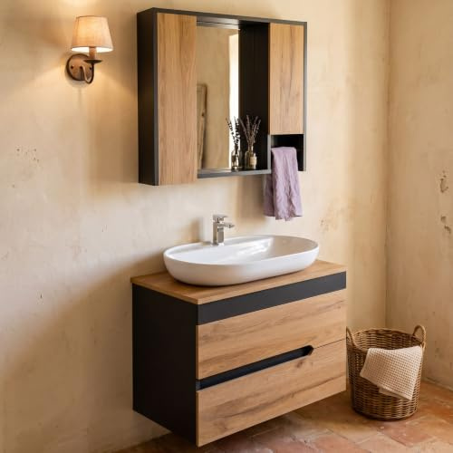 KAREN banyo Badmöbel-Set Marmara Eiche & Anthrazit – Waschtisch mit Unterschrank, Spiegelschrank & Keramik-Waschbecken, Handtuchstange, Soft-Close, natürlicher Stil (Marmara 80 mit Konsole)