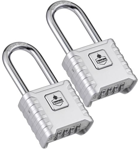 SharkByte Vorhängeschlösser mit langem Bügel, wetterfest, 52 mm, 4-stellige Outdoor-Schlösser, 8 mm Edelstahl-Bügel, rost- und zurücksetzbare Codeschlösser für Tor, Zaun, Garage, Schuppen