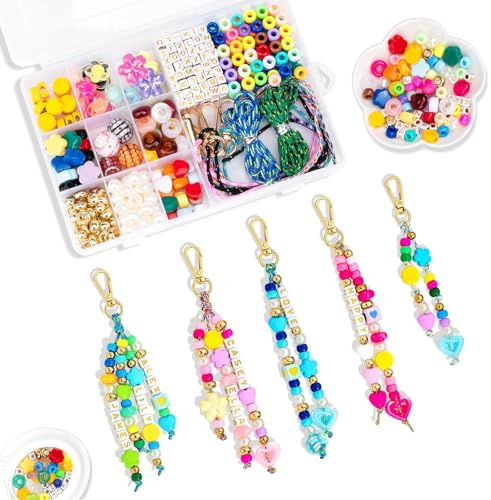 KINDLUME Schlüsselanhänger-Set, Perlen, Acryl, DIY, Herstellung mit Herz, Stern, Blume und Buchstaben, 421-teilig, komplett für 5 Schlüsselanhänger, kreatives Geschenk für Kinder und Freizeit