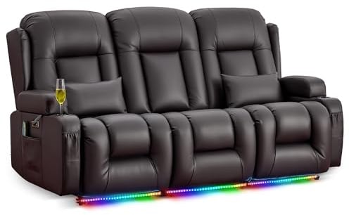 LIFTSHA Dreisitzer Relaxsessel mit Liegefunktion, Fernsehsessel Elektrisch Verstellbar mit Heizung & Vibrierende Massage, TV Sessel Heimkino Sitze mit Umklappbare Mittelrückenlehne, Dunkelbraun