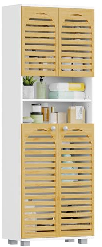 Hzuaneri Badezimmerschrank Bambus mit 4 Bambustüren und 2 Offenen Fächern | Badezimmer Hochschrank mit Verstellbaren Regalen, Küchenschrank, Wohnzimmer, Badschrank 30 x 60 x 171,5 cm Weiß SC17103X