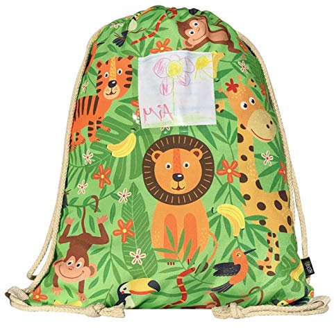 HECKBO Kinder Turnbeutel inkl. Sichtfenster - Dschungel - Sportkleidung Trinkflasche- Kindergarten, Schule, Stoffbeutel Kita - Rucksack, Tasche, Sportrucksack, Sportbeutel Junge Mädchen