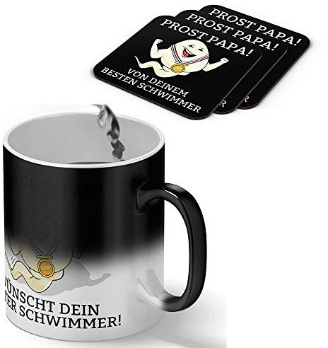Alles Gute Papa wünscht dir dein bester Schwimmer inkl. 3 Untersetzer lustige Zaubertasse Farbwechseltasse Geschenkidee für Väter Vatertag Spermium Tasse Champion Champ