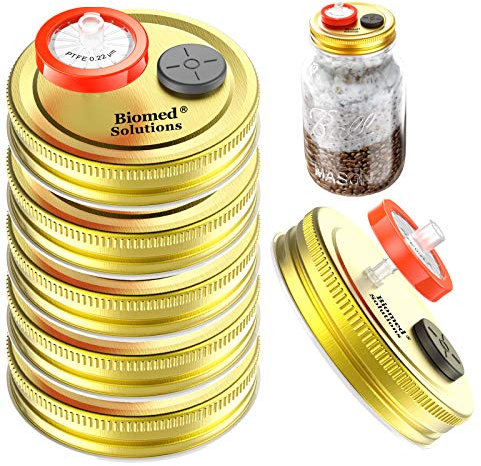 6 couvercles de culture liquide à bouche régulière, couvercle de pot de blé avec filtre de seringue en PTFE de 0,2 microns et ports d'injection auto-réparateurs de 20 mm pour la mycologie en