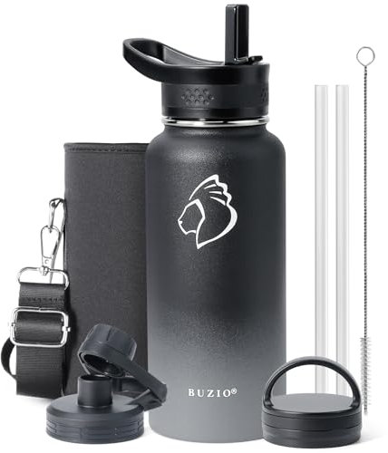 Insulated Water Bottle 1L, BUZIO Stainless Steel Water Bottle with Straw Vacuum Carrying Pouch Double Wall Sweat-Proof Bpa Free Travel Thermo to Keep Beverages Cold for 48 Hrs Or Hot for 24 Hrs