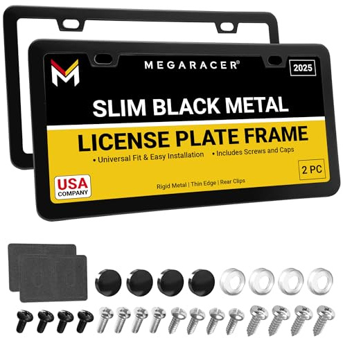 Premium Slim Matte Black License Plate Frames – 2 Pack, Rust-Free Stainless Steel & Rattle-Free, Street Legal, Universal with Screw Caps, Thin Metal Front & Rear Car Tag Holders for Men & Women
