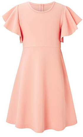 SFreeBo Pink Casual Dress for Girls Cute Round Neck Flutter Sleeve Stretchy Summer Dresses for School Causal Daily Wear