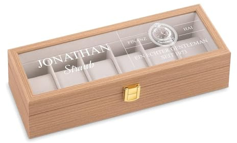 Maverton Uhrenbox mit Gravur für 6 Uhren - Uhrenschachtel Uhrenaufbewahrungsbox aus Holz - personalisiert - braun 31x11x8cm - Geschenk zum Geburtstag für Männer - Finanzhei