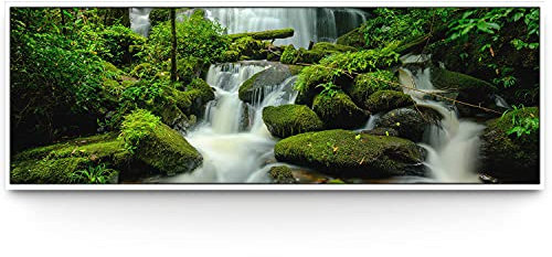 BilderKing Wandbild Wasserfall Regenwald - 150cm x 50cm Leinwand auf 2cm Keilrahmen mit Schattenfugenrahmen weiß