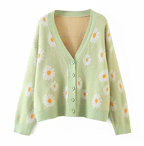 Cardigan da donna a maniche lunghe carino maglione Y2K top corto in maglia motivo floreale scollo a V abbottonatura Outwear, B Margherita-verde lime, Taglia Unica