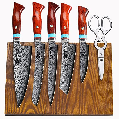 WILDMOK 7-teiliges Messerblock-Set Mit Fraxinus Mandshurica Holz Magnetischer Block Super VG10 Stahl Handgefertigtes Küchenmesser-Set