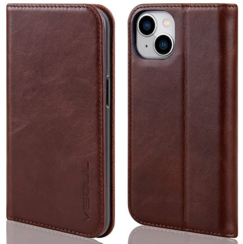 VISOUL Hülle für iPhone 14, Schutzhülle Erstklassiges Rindsleder Schützt vor Stoß Kartenfach Magnetverschluss Stand RFID TPU Etui Case Kaffee